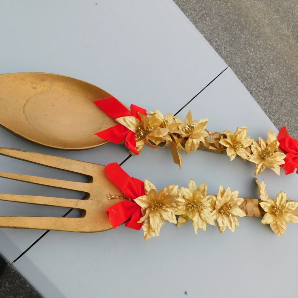 Wooden Fork and Spoon 1970’s style spray painted Gold